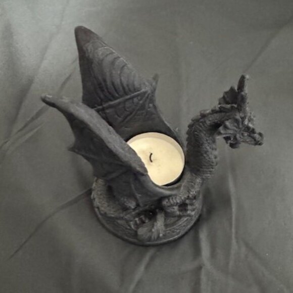 Fantasy Medieval Dragon Tea Light Candle Holder w Tea Light Candle Black - Picture 1 of 3